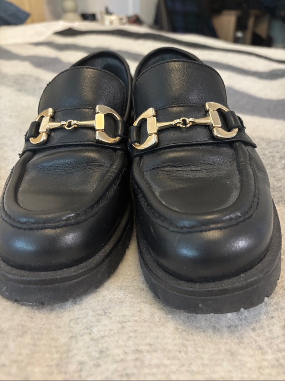 Black Leather Lug Sole Loafer with Gold Bit Accent - Picture 10 of 10